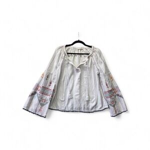Lovestitch Embroidered Bell Sleeve Boho Peasant Blouse White Metallic Medium
